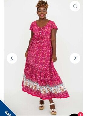 Blue Sky Boho Inspired Pink Floral Tiered Midi Dress
